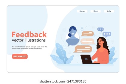Online feedback concept visualized. Woman at laptop connecting with virtual representative, discussing responses and insights. Prompt communication, effective chat, clarity in understanding.