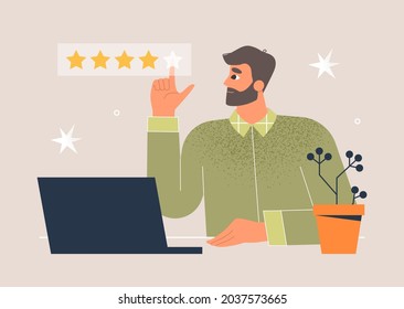 Online feedback, customer experience, user satisfaction concept. Man giving five star rating online using laptop. Positive testimonial, business survey. Isolated vector illustration
