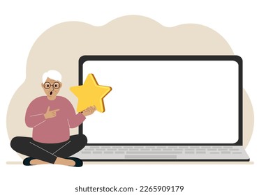 Comentarios en línea, experiencia con el cliente, concepto de satisfacción del usuario. Hombre calificando las estrellas en línea usando laptop. Opinión positiva, encuesta empresarial. Ilustración vectorial aislada