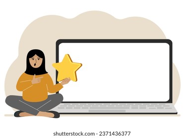 Online feedback, customer experience, user satisfaction concept. Woman giving star rating online using laptop. Positive feedback, business survey.