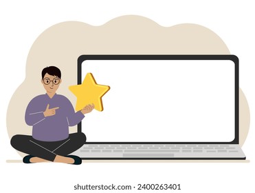 Online feedback, customer experience, user satisfaction concept. Man giving star rating online using laptop. Positive feedback, business survey.