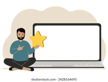 Online feedback, customer experience, user satisfaction concept. Man giving star rating online using laptop. Positive feedback, business survey.