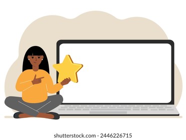 Online feedback, customer experience, user satisfaction concept. Woman giving star rating online using laptop. Positive feedback, business survey. Isolated vector illustration