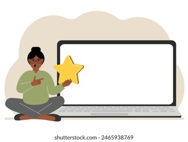 Online feedback, customer experience, user satisfaction concept. Woman giving star rating online using laptop. Positive feedback, business survey. Isolated vector illustration