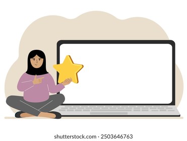 Online feedback, customer experience, user satisfaction concept. Woman giving star rating online using laptop. Positive feedback, business survey.