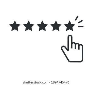 Concepto de revisión de clientes de comentarios en línea en estilo plano. El dedo de la mano apuntando a una estrella dorada sobre fondo blanco.
