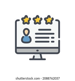 Icono de línea de color de comentarios en línea y satisfacción del cliente. Computadora con señal de color de la vectores de personas y estrellas.