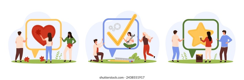 Online feedback from customers, messages, comments and reactions set. Tiny people make puzzles of red heart, gold rating star and green check mark inside speech bubble cartoon vector illustration