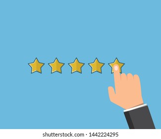 Online feedback. Hand finger pointing five gold star rating on Blue background. Vector illustration