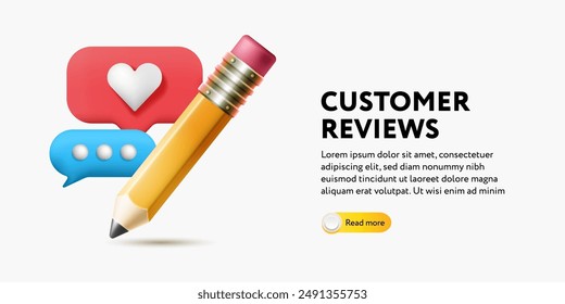 Online feedback. Pencil with like customer review and speech bubble message. Write comment on product. Survey form. Forum with polls. Best rating. Cartoon creative design, vector illustration