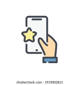 Icono de la línea de color de puntuación y retroalimentación en línea. Teléfono móvil con señal colorida en el contorno del vector de mano y estrella.