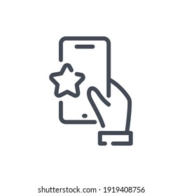 Online feedback and Rating line icon. Mobile phone with hand and star vector outline sign.
