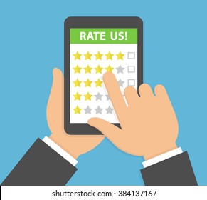 Online feedback rating and review concept. Hand holding and pointing to tablet with five star rating system on the screen. Vector illustration in flat style