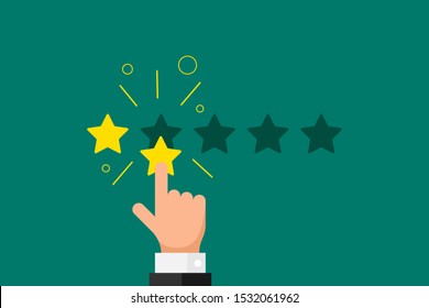Realimentación en línea reputación mala calidad concepto de revisión del cliente estilo plano. Dedo de hombre de negocios señalando 2 estrellas doradas sobre fondo verde. Ilustración de resultados de votos de rango de vectores