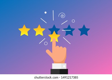 Online feedback reputation good quality customer review concept flat style. Businessman hand finger pointing 3 three gold star rating on gradient background. Vector rank illustration