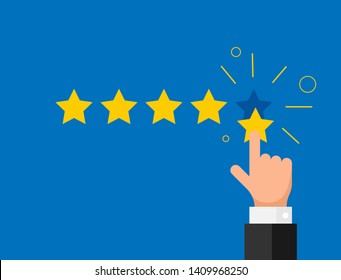 Online feedback reputation quality customer review concept flat style. Businessman hand finger pointing five gold star rating. Vector illustration
