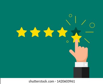 Online feedback reputation quality customer review concept flat style. Businessman hand finger pointing five gold star rating on green background. Vector illustration