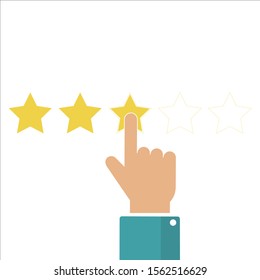 Online feedback reputation quality customer review concept flat style. Vector illustration. Hand puts 3 stars of rating. Reviews five stars in flat style. 3 stars in top icon. Star rating.