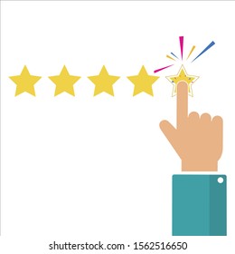 Online feedback reputation quality customer review concept flat style. Vector illustration. Hand puts 5 stars of rating. Reviews five stars in flat style. 5 stars in top icon. Star rating. Feedback co