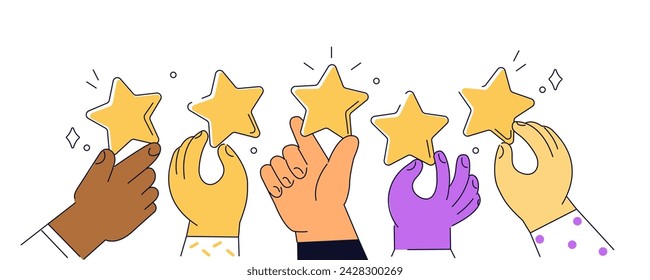 Online feedback or review. Concept outline illustrations set. Characters hands giving five star rating and leaving positive customer experience. Vector illustration 