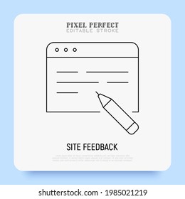 Online feedback, review on web site thin line icon. Pixel perfect, editable stroke. Vector illustration.