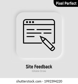Online feedback, review on web site thin line icon. Pixel perfect, editable stroke. Vector illustration.