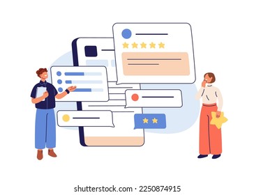 Online feedback, reviews, user experience surveys concept. Mobile phone application asking for customers opinion, rating, star ranking. Flat graphic vector illustration isolated on white background