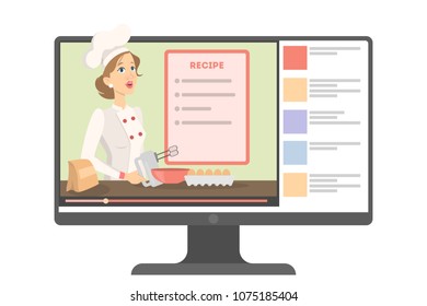 Online female chef from computer screen with recepts.