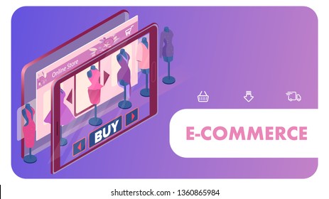 Online Female Clothing Store Web Banner Template. 3d Smartphone, Tablet Application Advertising Typography with Linear Icons. Outfit Choice Navigation Bar. E-commerce Web Page Layout