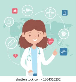 online female doctor consultation drug examining treatment covid 19 virus vector illustration