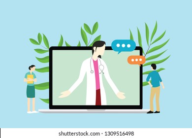 online female doctor consultations with doctor and patient and nurse on laptop - vector illustration