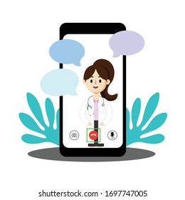



Online female doctor, future medical consultant with patients through mobile screens , bubble speech conversations. Vector illustration flat 
 