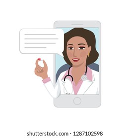 Online female doctor holding capsule talking to patient. Take your pills. Online medical consultation concept, Telemedicine and healthcare system support. Isolated vector illustration