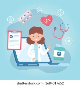 online female doctor laptop attention medical covid 19 illness vector illustration