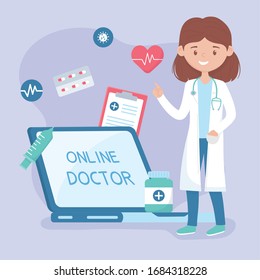 online female doctor laptop medicine diagnostic attention covid 19 virus vector illustration