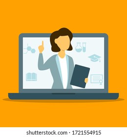 Online female tecaher pointing finger vector illustration