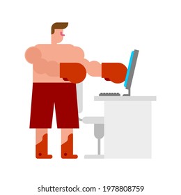 Online fight. Aggressive opponent in Internet. Man in boxing gloves hits screen. Dispute and feud on Internet. concept Online aggressiveness 