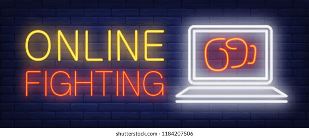 Online fighting neon text with boxing glove on laptop screen. Boxing club and advertisement design. Night bright neon sign, colorful billboard, light banner. Vector illustration in neon style.