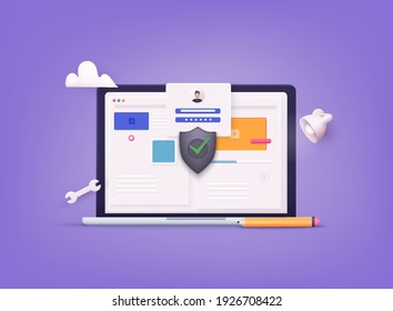 Online file server protection system concept with computer and lock. 3D Web Vector Illustrations.