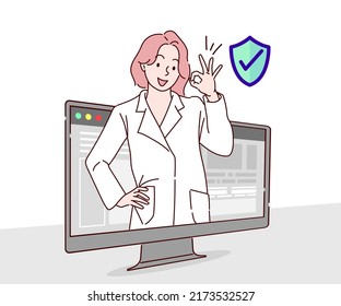 Concepto de sistema de protección de servidor de archivos en línea con equipo. Concepto de seguridad de datos. Dibujado a mano en estilo de línea delgada, ilustraciones vectoriales.