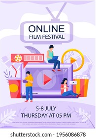 Online film festival, cinema via internet concept poster. People watching movie by video streaming