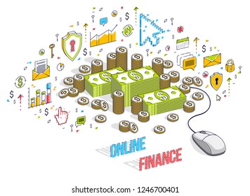 Online finance concept, web payments, internet earnings, online banking, money stacks with computer mouse. Isometric 3d vector finance illustration with icons, stats charts and design elements.