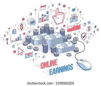 Online finance concept, web payments, internet earnings, online banking, money stacks with computer mouse. Isometric 3d vector finance illustration with icons, stats charts and design elements.