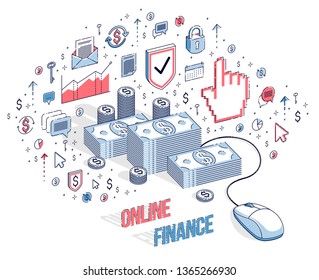 Online finance concept, web payments, internet earnings, online banking, money stacks with computer mouse. Isometric 3d vector finance illustration with icons, stats charts and design elements.