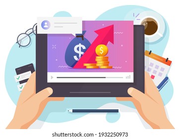 Online Finance Courses Of Investing, Trading And Budgeting Internet Video Education Vector Flat Cartoon Illustration, Man Person Watching Digital Webinar For Business Investment Commercial Management