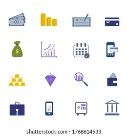 Online finance icon set element, design of money, gold coins, wallet, calendar, smartphone credit card, and management solution pack.