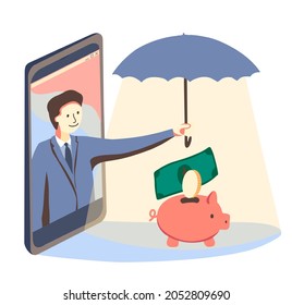 Online finance insurance, protection by smart phone. Man from mobile device holds umbrella over piggy bank with dollar money. Insurtech vector concept