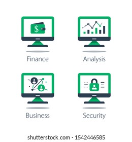 Online finance, internet banking, web security, people connection, computer monitor and padlock, financial security system, network technology and software development, vector flat set of icons