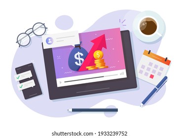 Online finance or investment webinar courses, stocks market trading and budgeting internet video education vector flat cartoon illustration, digital business commercial management training 