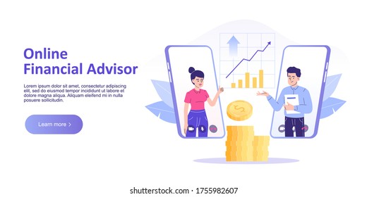 Online financial advisor service concept. Giving online financial consultation from smartphone. Finance and innovative mobile technology. Landing page template. Vector illustration for web banner